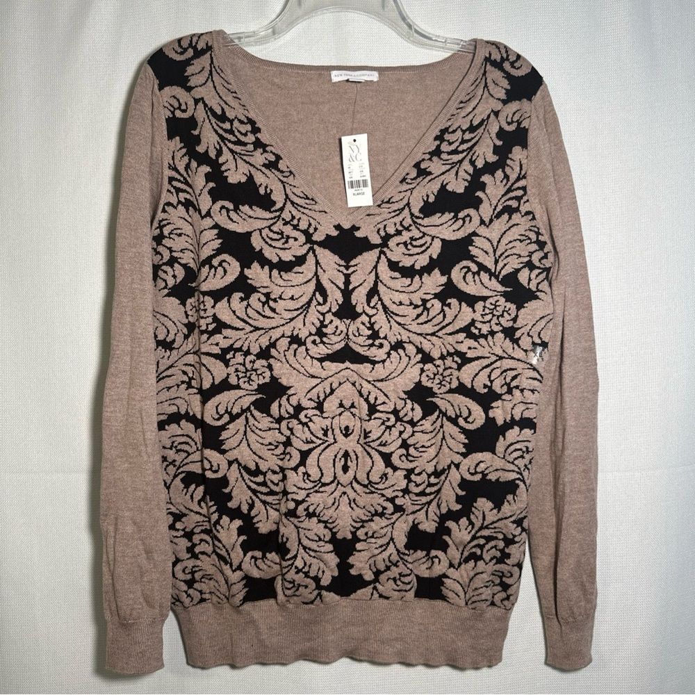 New York & Company Elegant Black and Brown V-Neck Sweater